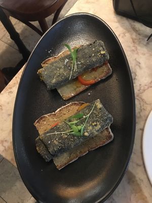 Bread topped with „Sardines“ at 26 Vegan Food Project in Lisbon