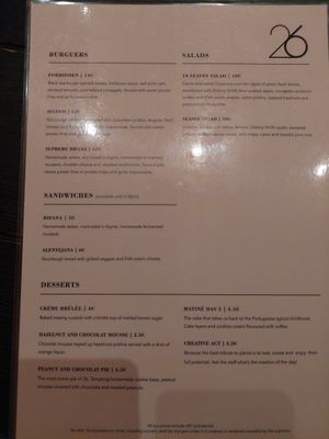 Menu at 26 Vegan Food Project in Lisbon