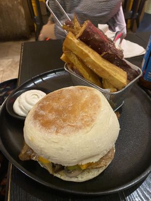 Burger with sweet potato fries  at 26 Vegan Food Project in Lisbon
