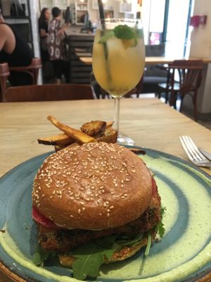 Selfish tofu burger with a white wine sangria   at 26 Vegan Food Project in Lisbon