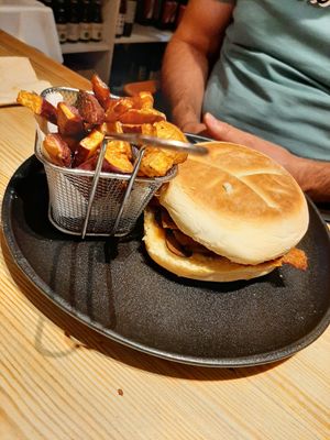 Burger with sweet potato fries at 26 Vegan Food Project in Lisbon