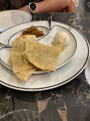 Starter dish to share! Baba ganoush, hummus and sour cream😄 at 26 Vegan Food Project in Lisbon