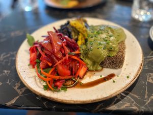 Dish of the day - crusted tofu, black rice, sweet tropical fruit salad at 26 Vegan Food Project in Lisbon