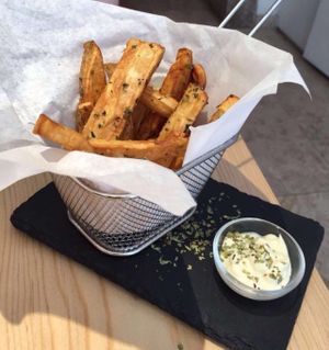 Fried sweet potato with mayonnaise.  at 26 Vegan Food Project in Lisbon