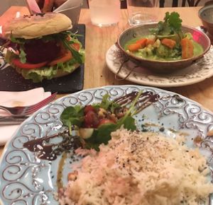 green Thai curry / burger with sweet potato fries at 26 Vegan Food Project in Lisbon