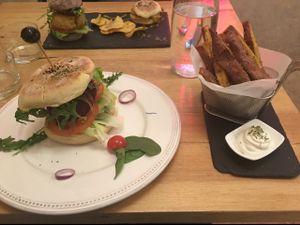 beet burger with sweet potato fries at 26 Vegan Food Project in Lisbon