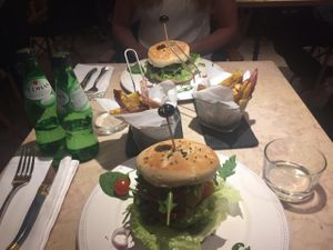 meaty Lentil Burger and bloody Beet Burger with Sweet potato fries at 26 Vegan Food Project in Lisbon