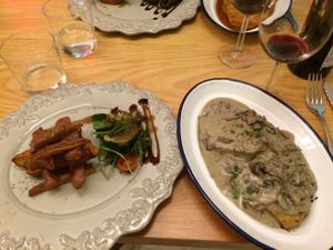 Seitan steak w/ mushroom sauce, salad, and potatoes  at 26 Vegan Food Project in Lisbon