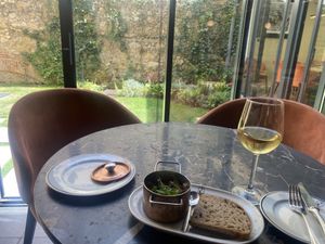 ‘Octopus’ salad with the courtyard view  at 26 Vegan Food Project in Lisbon