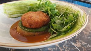 Islander: Alheira sausage, potato pancake, spinach at 26 Vegan Food Project in Lisbon