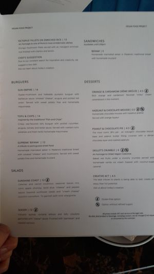Menu at 26 Vegan Food Project in Lisbon