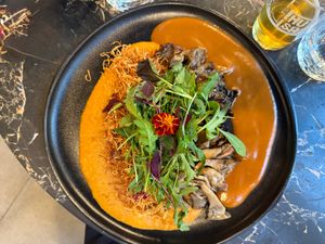 Shadow of the Mount
Tax to Alentejo flavors. "iscas" of oyster mushrooms accompanied by awakens of millet with sea flavor, consomme of mushrooms, vinaigrette of fruits of  at 26 Vegan Food Project in Lisbon