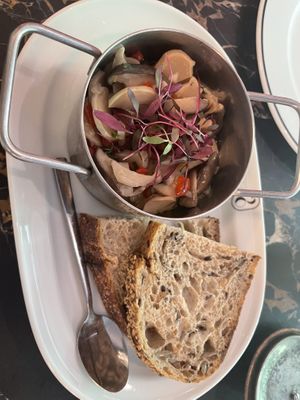Octopus salad with sourdough breadd  at 26 Vegan Food Project in Lisbon