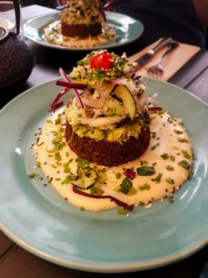 Lentil Burger with cauliflower puré  at 26 Vegan Food Project in Lisbon