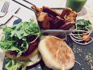 Beet burger and sweet potato fries  at 26 Vegan Food Project in Lisbon