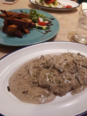 Seitan steak + sweet potato fries at 26 Vegan Food Project in Lisbon