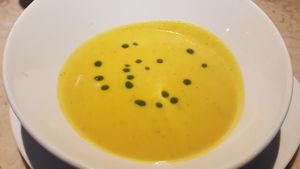 Soup with sweet potatoe, carrots, eggplant and courgette. A must try!!! at 26 Vegan Food Project in Lisbon