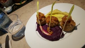 Quinoa balls, ananas chutney, with duo of sweet potatoes puree at 26 Vegan Food Project in Lisbon
