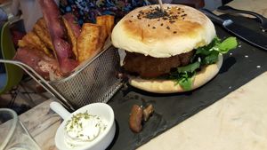 Lentils burger + sweet potatoes fries with vegan mayonnaise at 26 Vegan Food Project in Lisbon