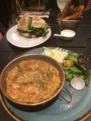 Tofu Espiritual traditional dish, veggie pesto sandwich & sweet potato fries at 26 Vegan Food Project in Lisbon