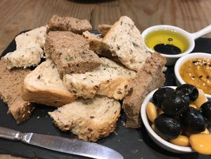 Stale bread and olives at 26 Vegan Food Project in Lisbon