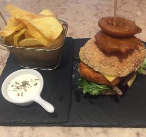 Crispy tofu burger with chips and mayo at 26 Vegan Food Project in Lisbon