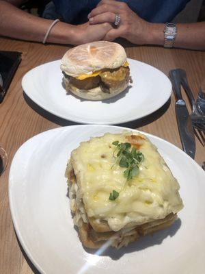 Seitan burger above. Croque Monsieur below at 26 Vegan Food Project in Lisbon