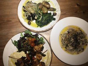 Tofu with algae, ravioli and chefs special  at 26 Vegan Food Project in Lisbon