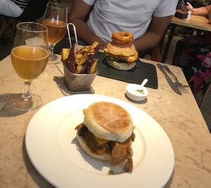 BBQ tofu burger in the back; seitan mushroom burger in the front; sweet potato fries at 26 Vegan Food Project in Lisbon