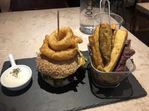 tofu burger and sweet potato fries  at 26 Vegan Food Project in Lisbon