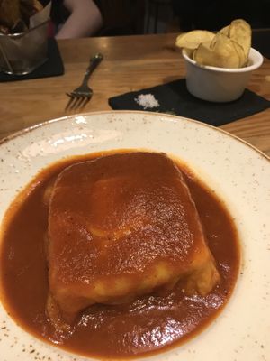 Vegan meaty and cheesy bread type lasagne dish - old fashion Portuguese dish   at 26 Vegan Food Project in Lisbon