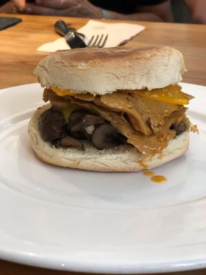 bifana burger (not that good) at 26 Vegan Food Project in Lisbon