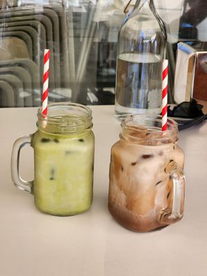 Matcha and mocha iced latte at Kindness Vegan in Darlinghurst