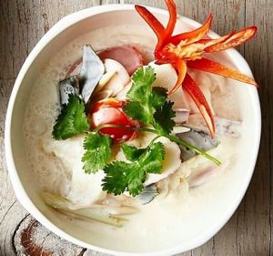 Tom Kha: Thai thin coconut soup w/ fresh herbs & mushrooms  at Kindness Vegan in Darlinghurst