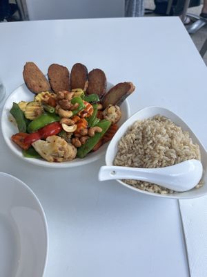 Cashew stir fry with seaweed tofu & brown rice   at Kindness Vegan in Darlinghurst