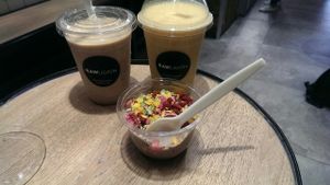 brain mylk coffee, Brazilian sunrise smoothie, chia pudding at Rawligion - Tottenham St in London