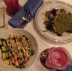 salad, juices and hampburger at Groot in Moscow