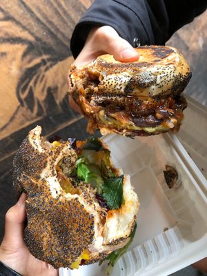 Classic Facon Cheese Burger and.. I forgot the name but the one with BBQ sauce! Amazing. at Big V - Borough Market in South East London