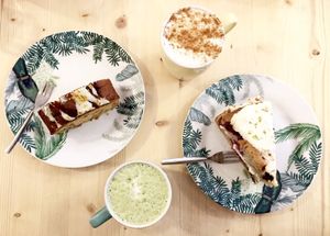 Matcha Latte, Almond Latte, Carrot Cake & Cherry Coconut Cake, all vegan at Flowers Kitchen in Luxembourg City