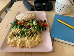 Humous platter with pita and salad (very filling!) at Flowers Kitchen in Luxembourg City