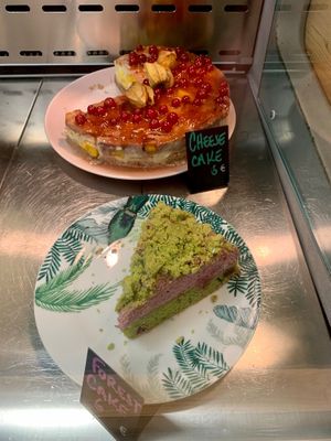 Prepared desserts: cheesecake; forest cake.   at Flowers Kitchen in Luxembourg City