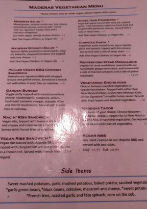 veg menu at Madera's in Los Alamitos