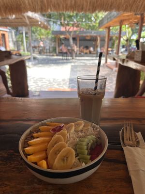 Pitaya Bowl and Ice Latte with Oat Milk  at The Cashew Tree in Pecatu