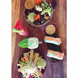 Soul bowl, summer salad w/ tempeh, spring rolls (everything is vegan) at The Cashew Tree in Pecatu