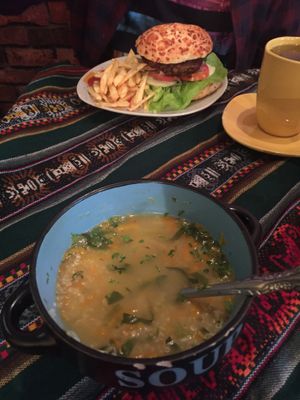 Quinoa soup and lentil burger  at Koala Cafe in Potosi