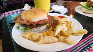 mixed burger: lentil and eggplant combined. very good at Koala Cafe in Potosi