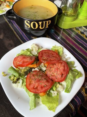 Simple salad and quinoa soup as part of the set menu  at Koala Cafe in Potosi