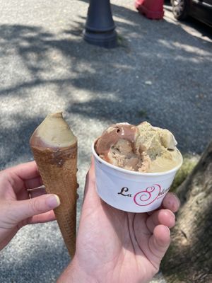 Pistachio, chocolate hazelnut, hazelnut, almond/amaretto! 🤤  at La Dolce Vita in La Spezia