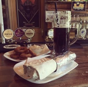 Onion rings and soy kebab with amazing garlic sauce! at Nesterka in Grodno