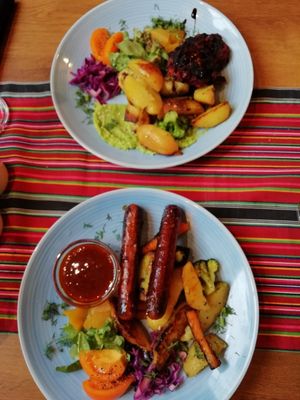 2 mains, soy sausages and beatroot paddies! at Kohvik Kroon in Parnu